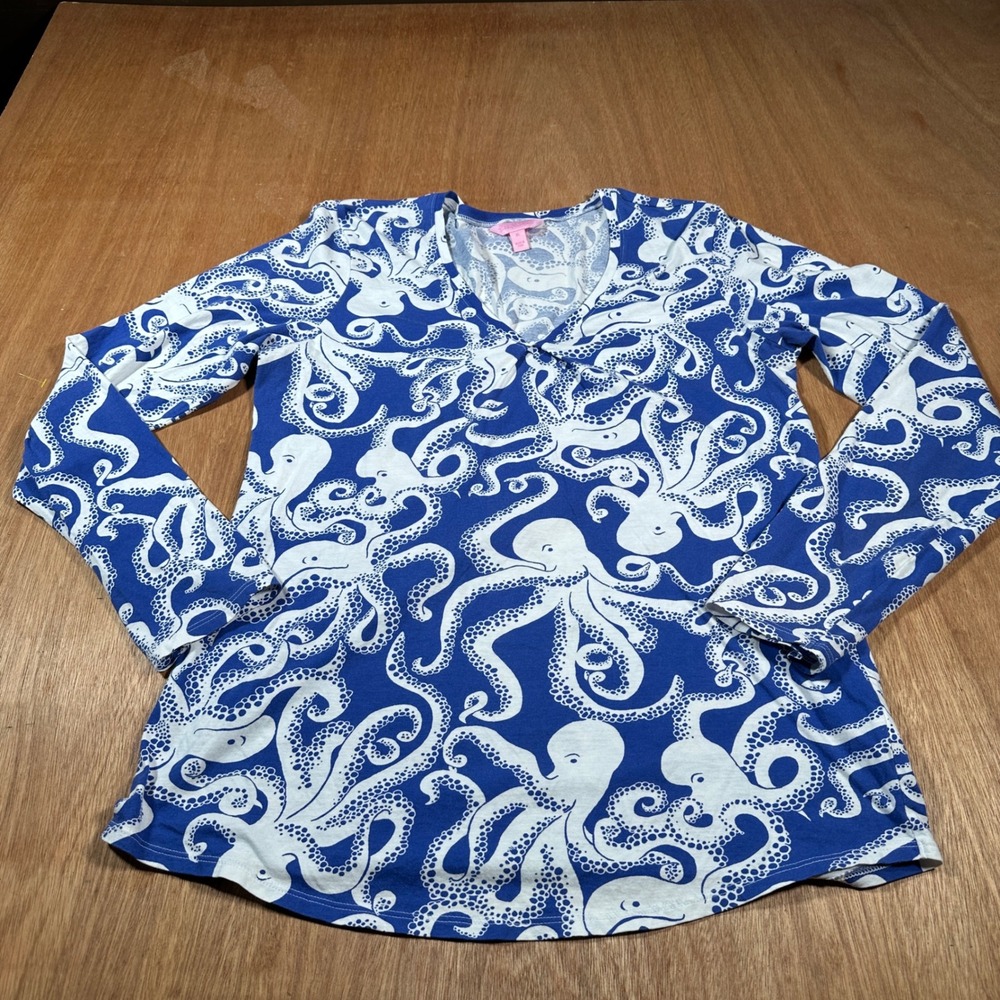 Lilly Pulitzer Top Women XL Blue Octopus Print Pima Cotton V-Neck Long Sleeve